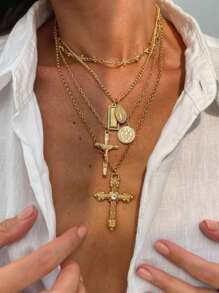 4pcs/Set Retro Metal Geometric Round Pendant Multilayer Necklace, Women's Punk Style Jesus Cross Pendant Necklace