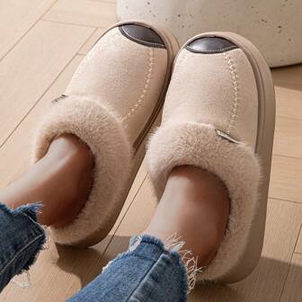 1 Pair Solid Color Casual Thermal Slippers For Men & Women, Fluffy Indoor Slippers For Home, Autumn/Winter