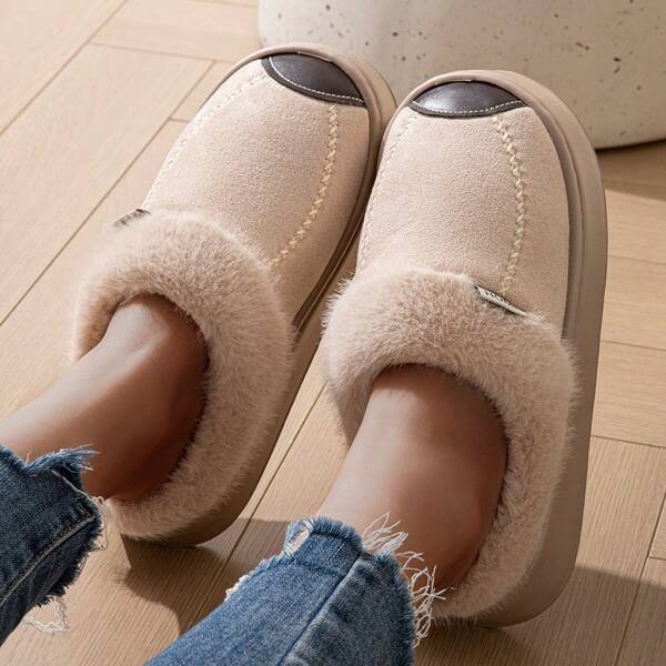 1 Pair Solid Color Casual Thermal Slippers For Men & Women, Fluffy Indoor Slippers For Home, Autumn/Winter