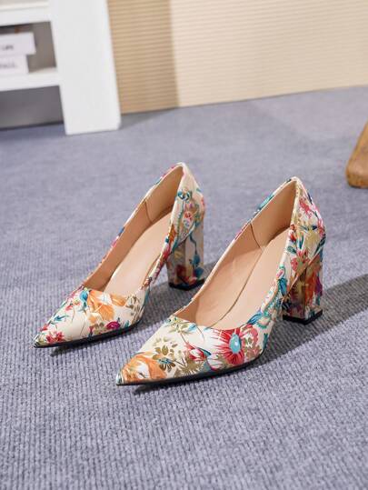 Women's Plus Size Fashionable Colorful Champagne Printed Elegant Comfortable Chunky Heel High Heels, Autumn/Winter