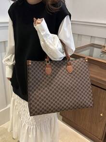 Retro Printed 2024 New Fashion Minimalist Large Capacity Handbag Tote Bag For Women, Suitable For Commuting - Brown - View 7