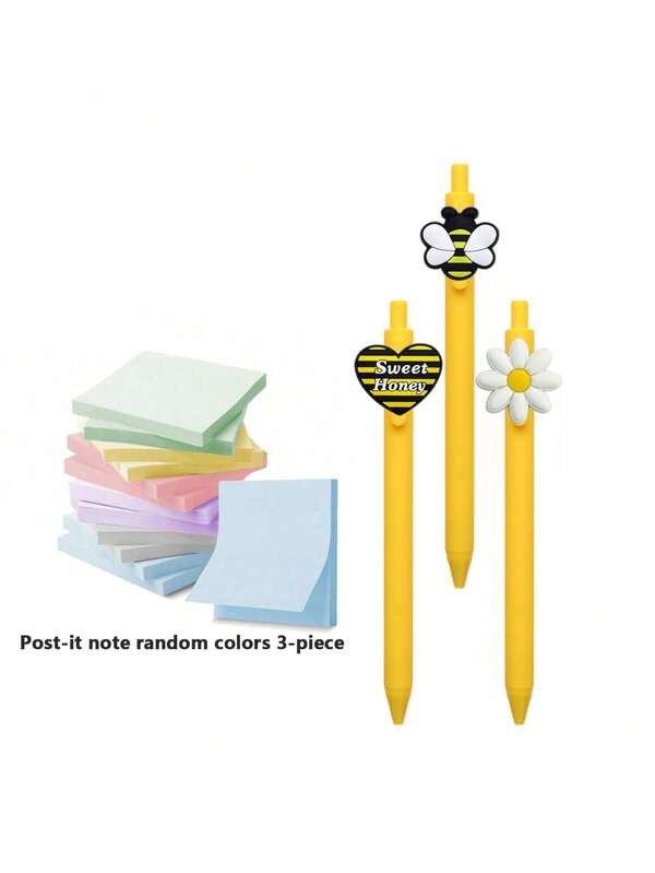 6-teiliges Set - 3 zufällige Haftnotiz-Bücher, je 100 Blätter, + 3-teiliges Stiftetui-Set mit Bienen-Design, geeignet für die Aufzeichnung des täglichen Lebens, Büro, Studium, Geschenk zum Schulbeginn