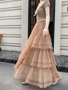 厚重蕾丝和网眼拼布A字裙，甜美公主薄纱荷叶边裙，2025年新款 - 咖色愛心 - 查看 5