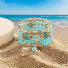 4pcs/Set Women's Assorted Bohemian Multilayer Bracelet With Imitation Crystal & Beaded Heart Charms, Versatile Fashion Jewelry Accessories For Summer