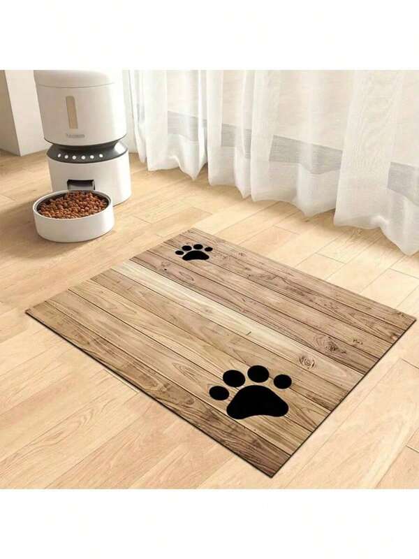 1pc Wood Grain Paw Print, Dog & Cat Small Animal Feeding Mat, Durable Non-Slip, Water Absorbent & Stain-Resistant, Ldeal For Cats - Pet Food &Water Bowl Placemat For Home Decor, Kitchen Floor Mats, Pet Accessories,Ldeal For Pets