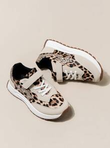1 Pair Kids/Youth Fashionable Leopard Print Colorblock Sequin Decor Non-Slip Casual Sneakers, Suitable For Daily Wear And Sports