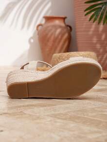 New Straw Wedge High Heel Black Sandals For Women, Strap Espanade Style Rope Decor Platform Thick Sole Roman Sandals, Spring & Summer Vacation - White - View 8