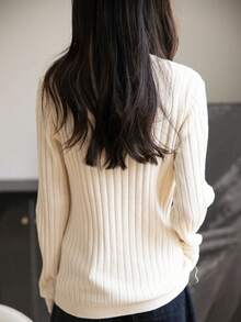 Women's V Neck Merino Wool T Shirt Fall Classic Vintage Cable Warm Long Sleeve Knit Tops - Beige - View 3