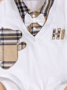 2 件套格子图案刺绣泰迪熊下摆二合一紧身衣 + 格子裤，学院风，秋季/春季 - 卡其色 - 查看 4