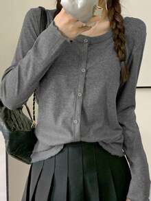 Camiseta casual de manga larga de un solo pecho con cuello redondo de unicolor para mujer - Gris - Ver 6