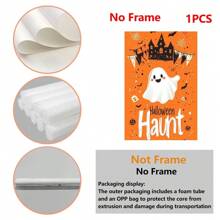 1 Piece,Retro Halloween Cute Ghost With Font 'Halloween Haunt', Modern Frameless Art Decoration Painting, Printed Posters Mural, Waterproof Canvas,Suitable For Home, Office, Bedroom, Living Room, Study, Bathroom, Bar, Wall Arts And Home Decoration, Is An Ideal Holiday GiftV