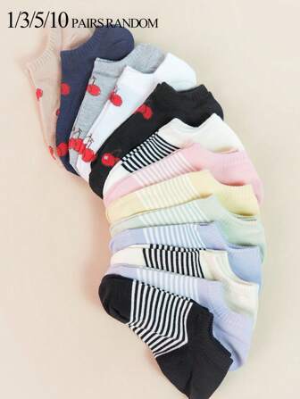 10/5/3/1 Pair Of Women's Candy Colored Ankle Socks, No Show Socks, Bow Crew Socks, Suitable For All Seasons, Random Colors