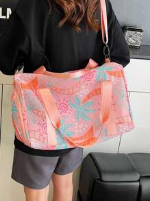 "Fashionable Mesh-Handle Luggage Tote – Lightweight, Large-Capacity Travel Tote Bag Vibrant Coconut Tree & Sun Print – Perfect For Summer Vacations And Beach Trips, Can Be Worn As A Crossbody Bag For Personal Essentials"