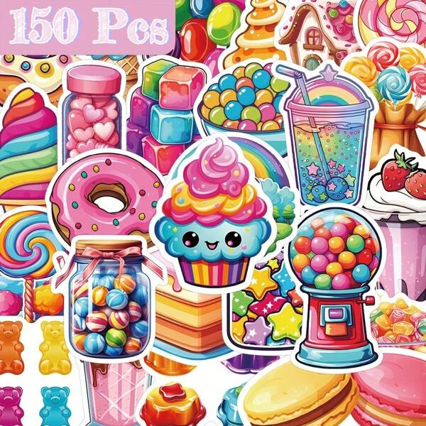 150pcs Colorful Waterproof PVC Stickers, Suitable For Laptops, Scrapbooks, Guitars, Phones, With Candy & Cartoon Patterns