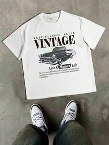 Áo thun nam cổ tròn in hình khẩu hiệu và xe hơi, áo thun nam tay ngắn cổ tròn in chữ và hình xe hơi phong cách retro mùa hè, áo thun màu trắng in hình xe hơi, thích hợp làm quà tặng cho bạn bè, chồng, bạn trai. - trắng - Xem 3