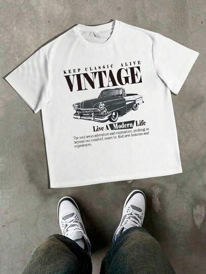 男士夏季时尚休闲复古老爷车字母印花圆领短袖休闲T恤，白色汽车T恤，适合送给朋友、丈夫、男朋友的礼物