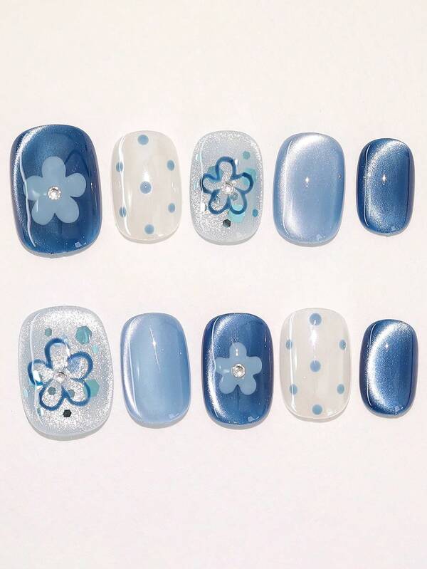10pcs Handmade Floral & Polka Dot Cat Eye Nail Art Decals, Delicate & Elegant Manicure Stickers