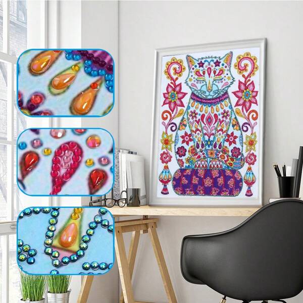 1pc Adult DIY Diamond Painting Kit, Asymmetrical-Shaped Diamond, Colorful Cat & Floral Pattern, Suitable For Adult Beginner Diamond Art Craft, Home Wall Decor, Holiday Gift