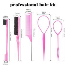 5Pcs Pink Hair Brushes & Tools Set: Topsy Tail, Edge, Bristle Brush, Rat Tail Comb, Slick Back Brush For Women & Girls' Hair Styling