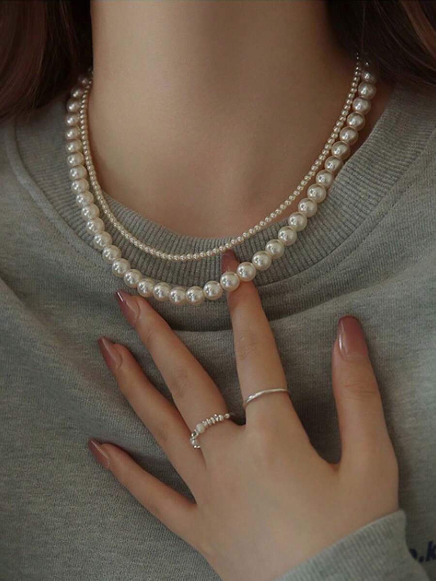 1件双层珍珠颈链，优雅法式仿珍珠缠绕式项链，奢华简约仿珍珠项链，独特设计串珠项链 - 白色 - 查看 1