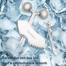Rodillo facial de masaje y herramientas Gua Sha de acero inoxidable para cuidado de la piel facial, cuello y Body. Reduce la hinchazón y elimina arrugas. - DetalleGuashaSet - Ver 6