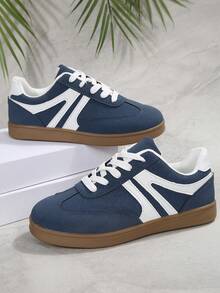 2025秋季女款加大码Deseq蓝色运动鞋学生校鞋拼色时尚运动鞋平底系带舒适防滑休闲鞋 - 藏蓝色 - 查看 7