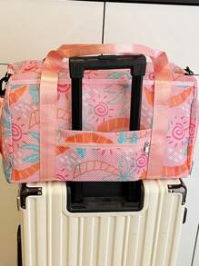 "Fashionable Mesh-Handle Luggage Tote – Lightweight, Large-Capacity Travel Tote Bag Vibrant Coconut Tree & Sun Print – Perfect For Summer Vacations And Beach Trips, Can Be Worn As A Crossbody Bag For Personal Essentials"