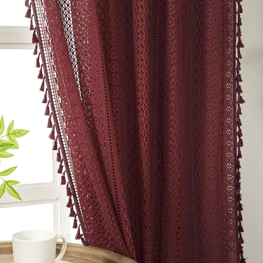 Burgundy Sheer Curtains 84 Inches Long 2 Panel Cotton Blend Crochet Lace Curtain Tassel Rod Pocket Semi Sheer Light Filtering Boho Curtains For Bedroom Living Room Window Drapes Maroon Red - 酒紅色 - 查看 1