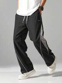 男士街头风运动裤 - 侧边条纹、口袋和抽绳腰带，撞色休闲运动裤 - 黑色 - 查看 7