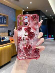 1pc Splash Resistant Cherry Branch Design Shockproof Electroplated Camera Phone Case Compatible With Apple/Compatible With Infinix/Compatible With Redmi/Compatible With OPPO/Compatible With VIVO/Compatible With Realme, International Version,  Not The Domestic Version - Pink - View 2