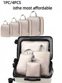 1/4PCS Compression Packaging Bag, Clothing Storage, Travel Storage Bag Set, Reusable Waterproof Large Capacity Compression Storage Bag, Double Layer Double Zipper, Suitable For Men And Women On Business Trips, Vacations Or Travel, Nylon Material, Travel Necessities - Beige - View 2