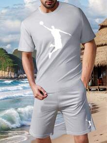 夏季男士运动装，街头篮球球衣风格 T 恤套装，采用经典黑白配色方案，搭配宽松短裤，整体简约而运动风格，适合休闲或运动穿着。 - 淺灰色 - 查看 9