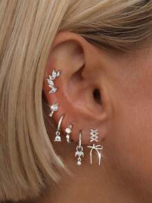 6pcs/Set Single-Side Exquisite Bow Zirconia Stud Earrings Minimalist Chic Earring Set, Suitable For Women's Dates, Parties, Commute