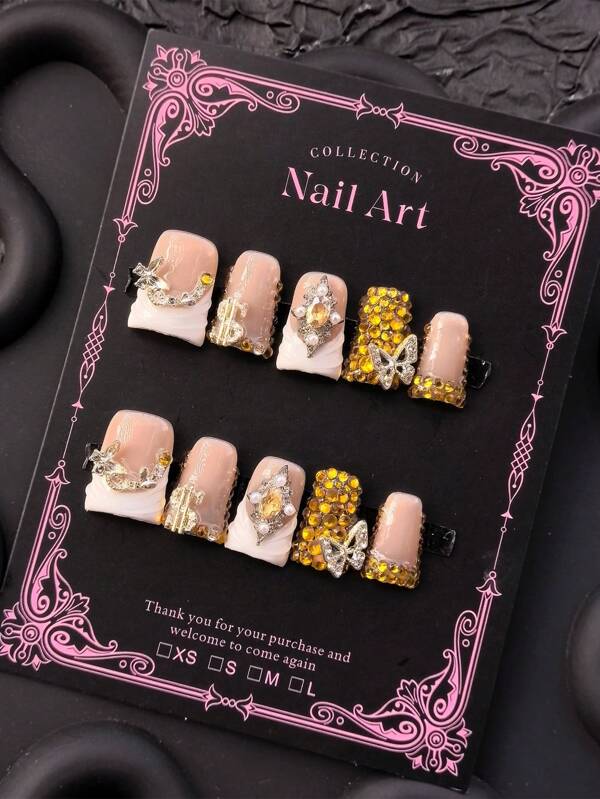 10pcs Y2K Sparkling Style Duckbill-Shaped Nail Stickers, Handmade, Available In Various Designs In Pink, Red, And Gold, Decorated With Handmade Wreaths, Bows, And Gold Patterns. Medium Length, Suitable For Women And Girls, Ideal For Holiday Wear, Attending Events, DIY Nail Art, Including Tool Kits. Almond-Shaped Nails. Handmade Nail Stickers. Fake Nails. Nail Supplies.