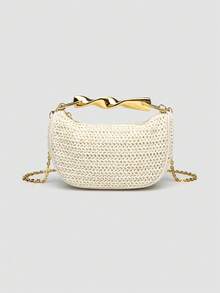 1 件编织包，夏季新品，女士包，金属手柄迷你斜挎拉链编织包，草编小包，休闲女士手提包，手提单肩包，夏季草编沙滩包，完美搭配沙滩配饰，含可拆卸肩带