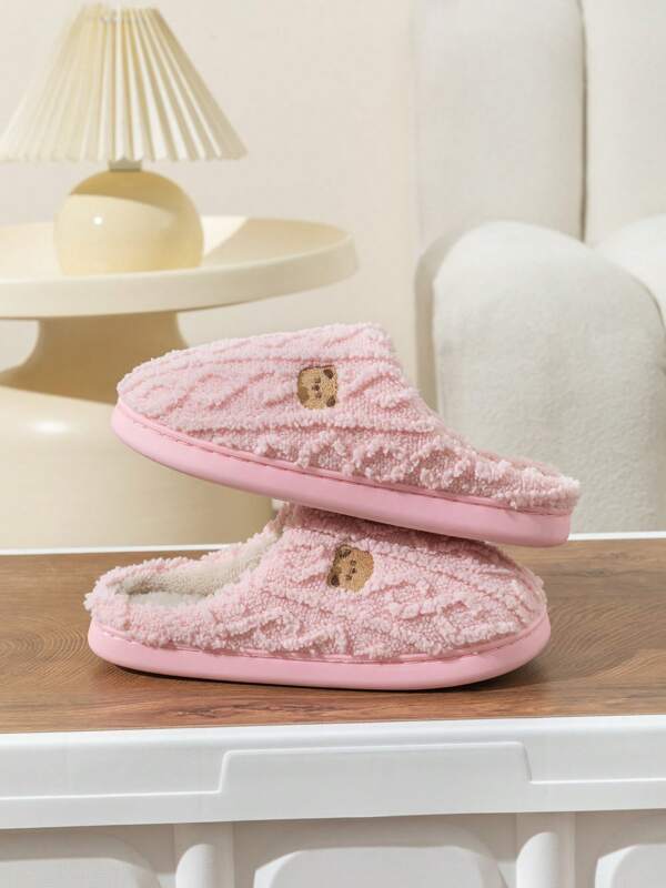 Women's Cute Cartoon Bear Plush Slippers, Comfortable Indoor Non-Slip Warm Slippers For Autumn/Winter