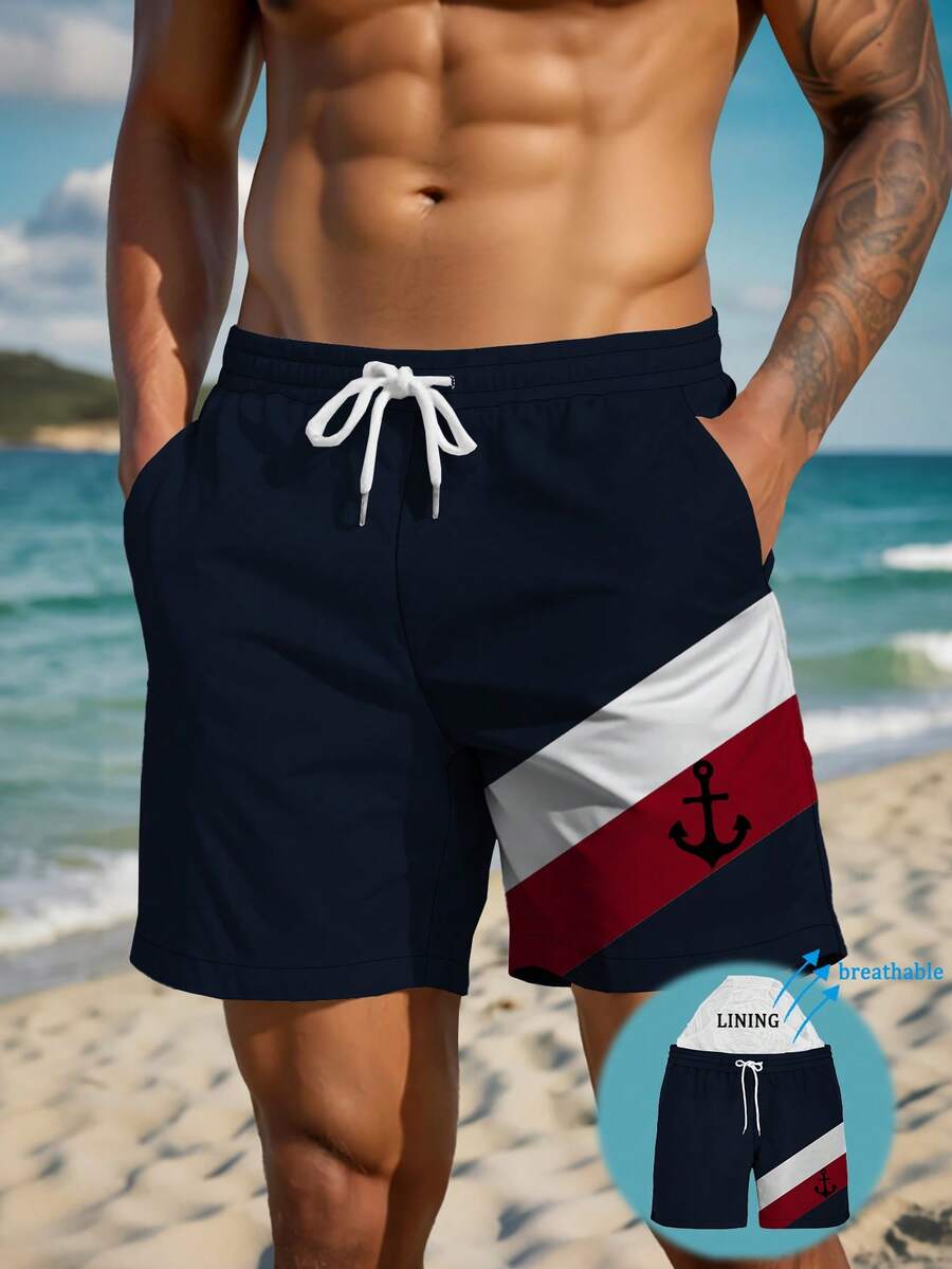 Men's Summer Printed Pattern Drawstring Waist Slant Pocket Hawaiian Quick-Dry Double-Layer Mesh Lined Shorts, Fashionable Casual Beachwear Swim Trunks With 3D Anchor Colorblock Print, Suitable For Halloween, Beach Holiday - Multicolor - View 1