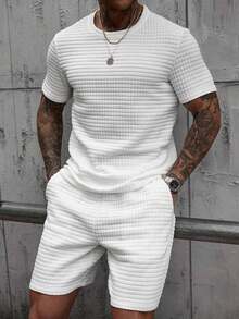 COMFYVOGUE Men's 2pcs Jacquard Small Check Padded Texture Fabric Set, Comfortable Casual Summer Men Two Pieces Sets Men Two Pieces Sets Men 2 Pieces Outfit Men Clothing Men T Shirt Co Ords Men Two Pieces Outfit - 白色 - 查看 1