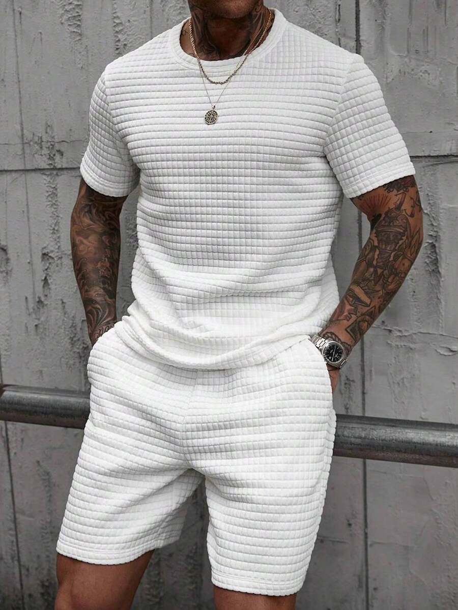COMFYVOGUE Men's 2pcs Jacquard Small Check Padded Texture Fabric Set, Comfortable Casual Summer Men Two Pieces Sets Men Two Pieces Sets Men 2 Pieces Outfit Men Clothing Men T Shirt Co Ords Men Two Pieces Outfit - 白色 - 查看 1