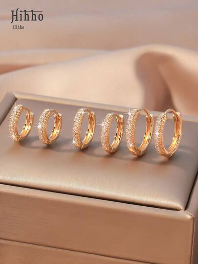 Hihho 3 Cặp/Bộ Bông Tai Vòng Trang Trí Đính Đá Cubic Zirconia Quyến Rũ Ngày Quà Tặng Cho Nữ