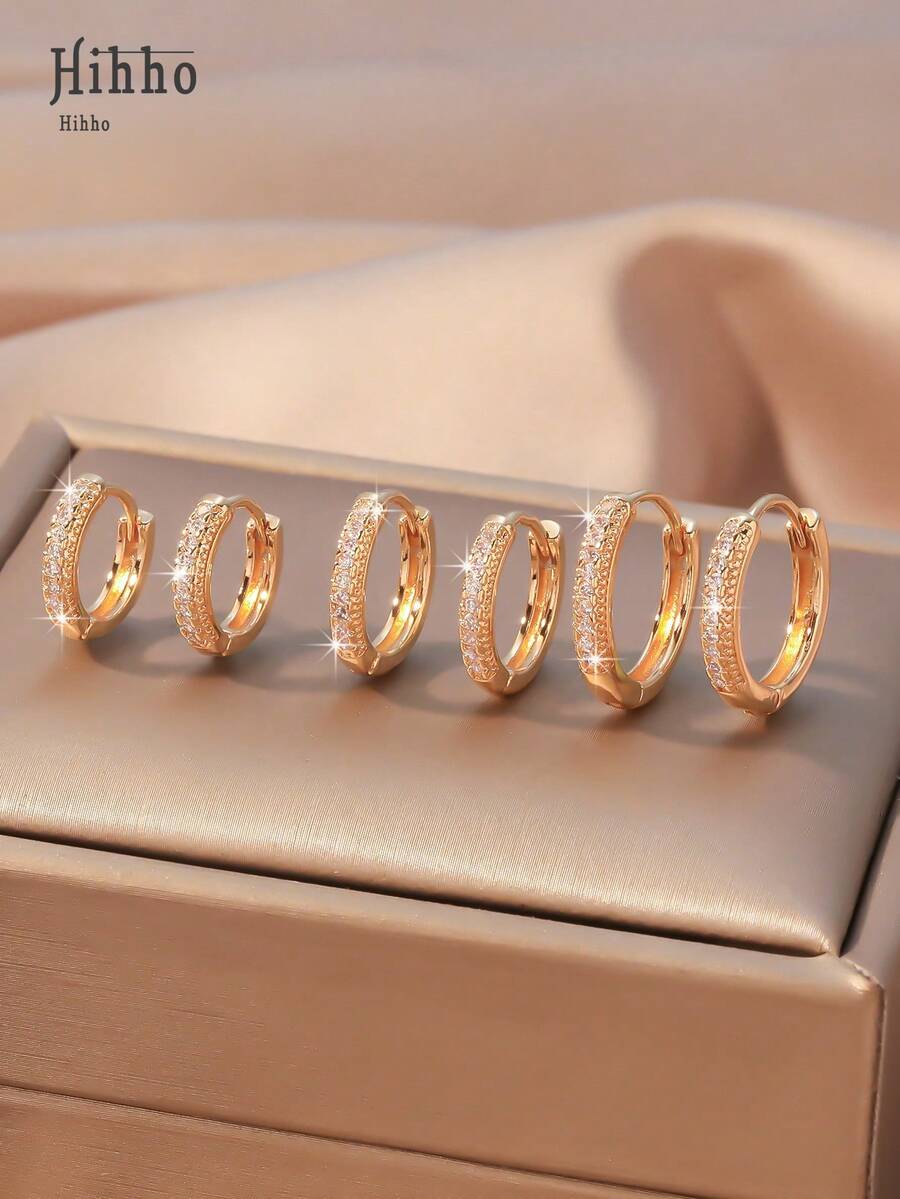 Hihho 3pairs/set Glamorous Cubic Zirconia Decor Hoop Earrings For Women For Dating Gift - Yellow Gold - View 1