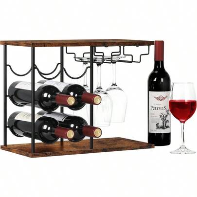 Kitchen FaucetWine Racks Countertop Hold 6 Bottles And 4 Wine Glass Rack Wine Holder Freestanding Wine Rack For Home Kitchen Bar Wine Cellar Cabinet