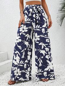 Floral Print Wide Leg Pants, High Waisted Vacation Style Trousers For Women, Spring/Summer