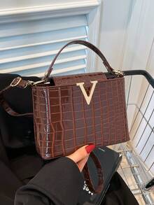 奢侈品牌女士手提包，鳄鱼压纹优质石纹托特包，小众时尚百搭单肩包，2025新款大容量复古休闲街头托特包，极简名媛风亮面高端斜挎包，2025新款优雅大容量妈妈包，时尚个性枕头包，黑勃艮第色系女士包 - 棕色 - 查看 9
