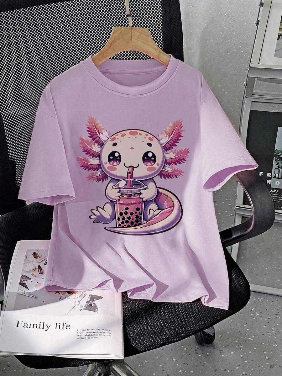 Teen Girl's Loose Cartoon Axolotl Print Round Neck Short Sleeve Tee Spring And Summer Casual T Shirt For Girl,Suitable For School, Vacation And Shopping Outfits
