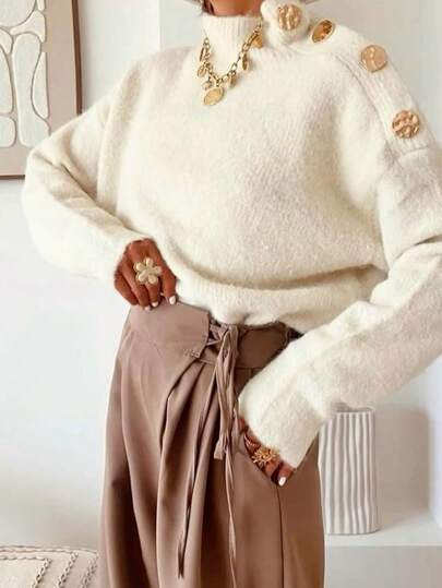 Pulôver feminino de malha com botões falsos e cor sólida, casual para outono/inverno