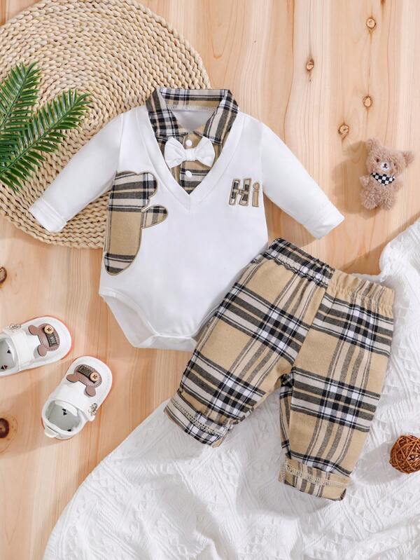 2pcs Set Plaid Pattern Embroidery Teddy Bear Hemline 2 In 1 Bodysuit + Plaid Pants, College Style, Autumn/Spring