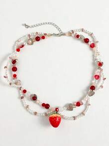 1pc Fresh And Sweet Y2k Strawberry Pendant Necklace Beaded Choker Faux Pearl Clavicle Chain