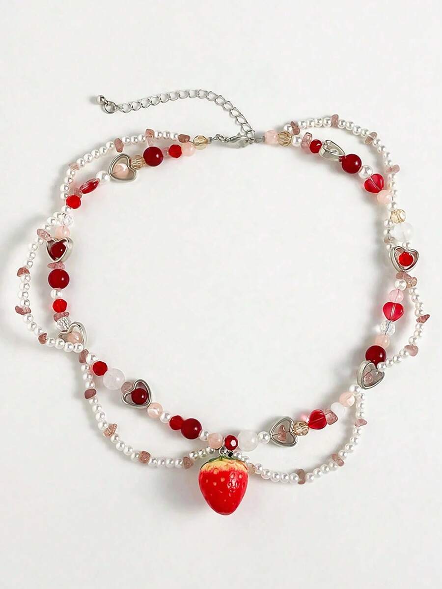 1pc Fresh And Sweet Y2k Strawberry Pendant Necklace Beaded Choker Faux Pearl Clavicle Chain