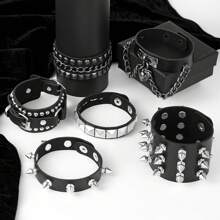 Brazalete de remaches negro multicapa, colgante con forma de corazón, brazalete de cadena con tachuelas, pulsera deportiva punk rock ajustable